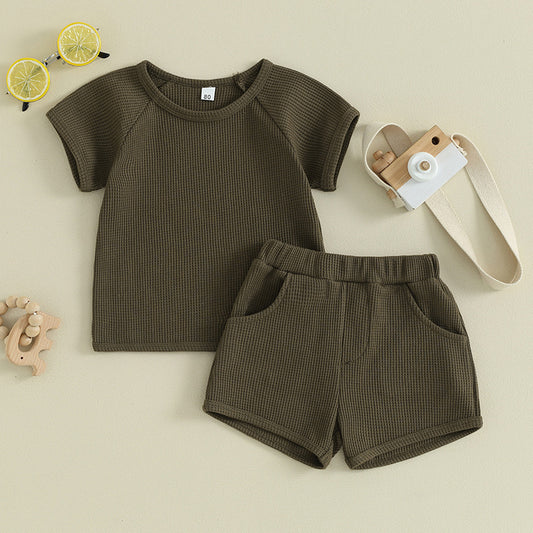 Dark Brown Waffle Short-sleeved 2-piece Baby Clothes perfect for baby wear.