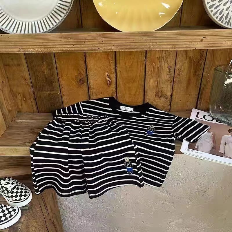 Little Bear Striped Round Neck Short Sleeve Shorts