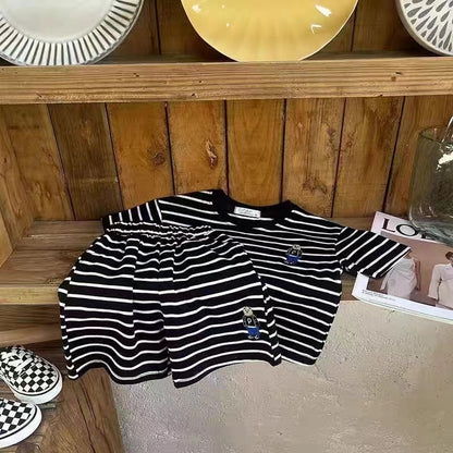 Little Bear Striped Round Neck Short Sleeve Shorts