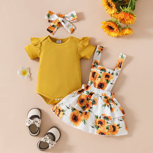 Baby Girl's Summer Short-sleeved Top Suspender Skirt Floral Fruit Casual Skirt Suit