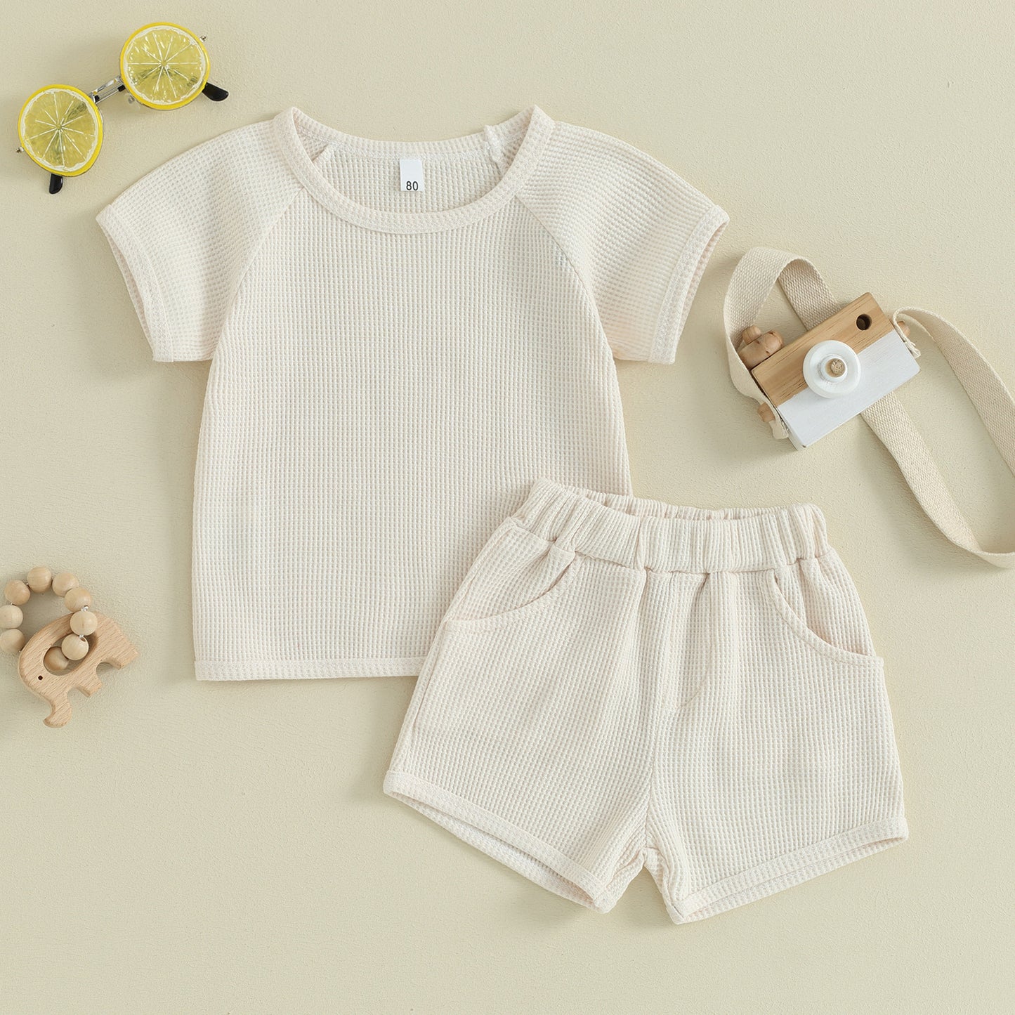 Cream Waffle Short-sleeved 2-piece Baby Clothes perfect for baby wear.