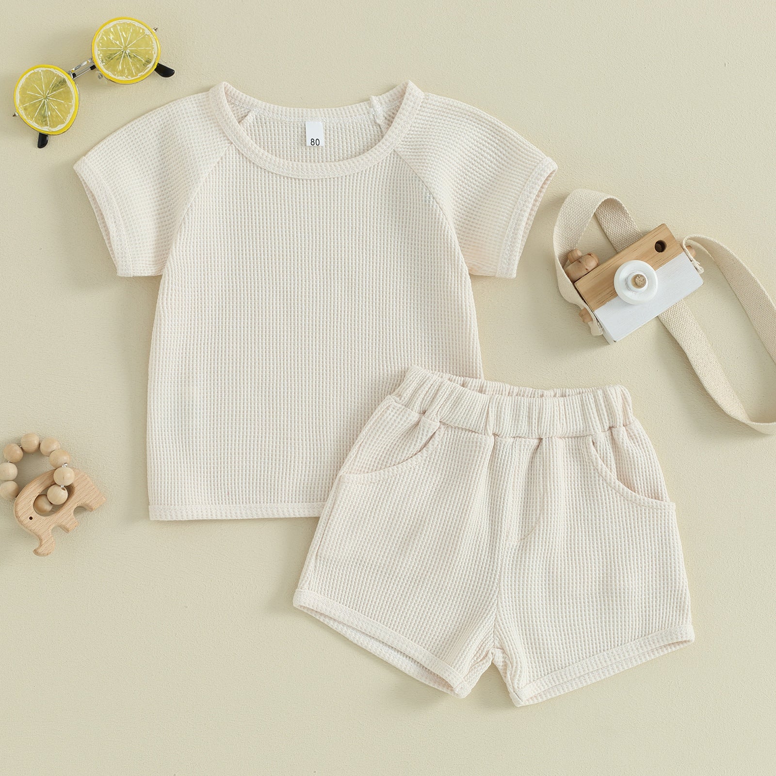 Cream Waffle Short-sleeved 2-piece Baby Clothes perfect for baby wear.