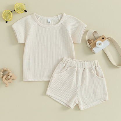 Cream Waffle Short-sleeved 2-piece Baby Clothes perfect for baby wear.