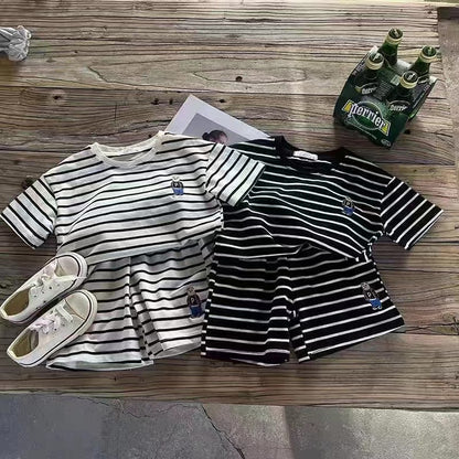Little Bear Striped Round Neck Short Sleeve Shorts