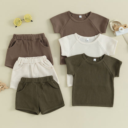 Waffle Short-sleeved 2-piece Baby Clothes in various colors, including brown and cream, perfect for baby wear.