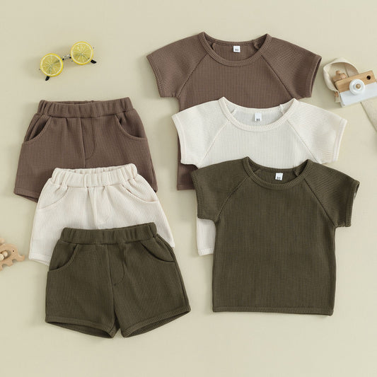 Waffle Short-sleeved 2-piece Baby Clothes in various colors, including brown and cream, perfect for baby wear.