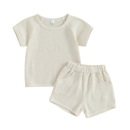 Cream Waffle Short-sleeved 2-piece Baby Clothes perfect for baby wear.