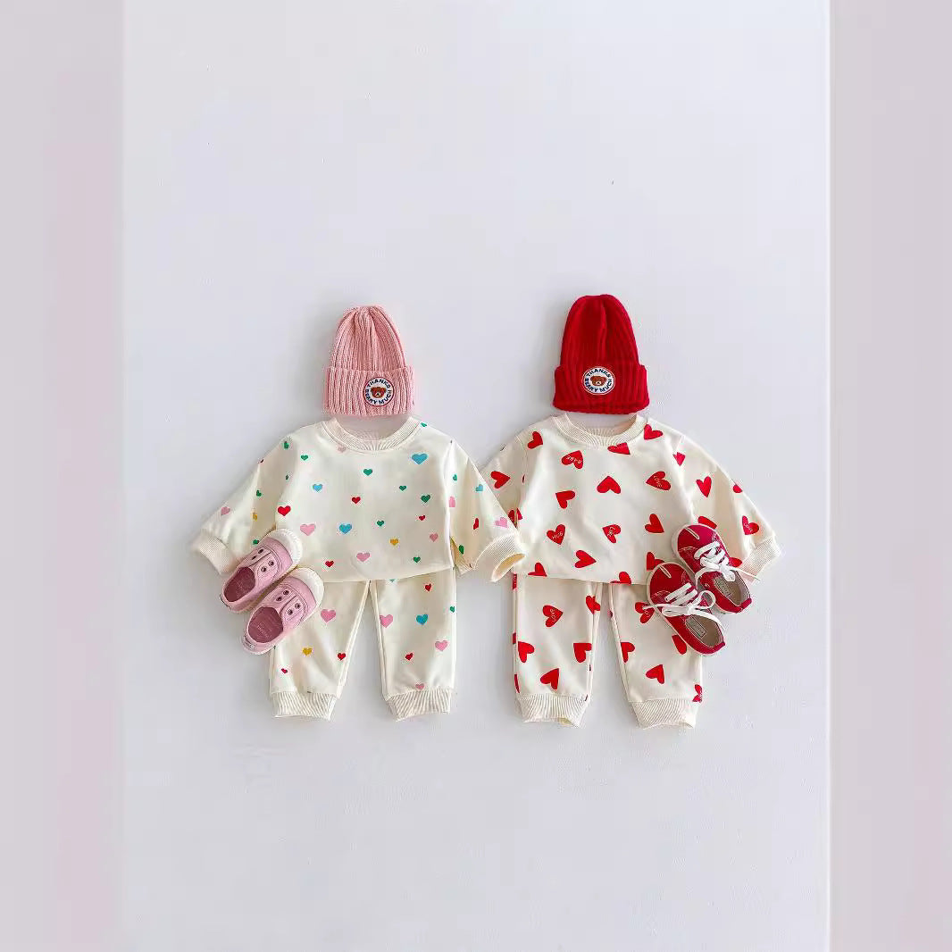 Colored Loving Heart Fashionable Sweater Baby Comfortable Two-piece Suit