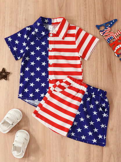 Summer Boys' Independent Japanese Star Stripe Single-breasted Short Sleeve Shorts Suit