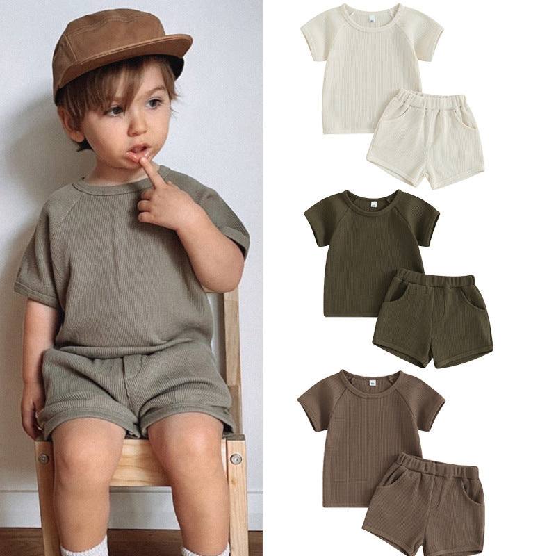 Waffle Short-sleeved 2-piece Baby Clothes in various colors, including brown and cream, perfect for baby wear.